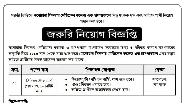 মনোয়ারা সিকদার মেডিকেলে নার্স নিয়োগ বিজ্ঞপ্তি