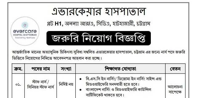 এভারকেয়ার হাসপাতালে নার্স নিয়োগ বিজ্ঞপ্তি