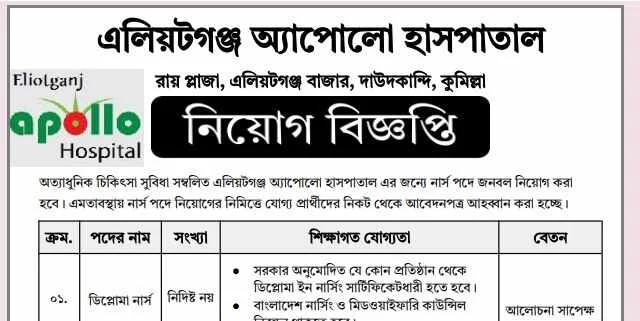এলিয়টগঞ্জ অ্যাপোলো হাসপাতালে নার্স নিয়োগ বিজ্ঞপ্তি