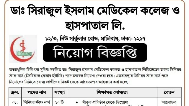 ডাঃ.এস.আই.এম.সি ও হাসপাতাল নার্স নিয়োগ বিজ্ঞপ্তি